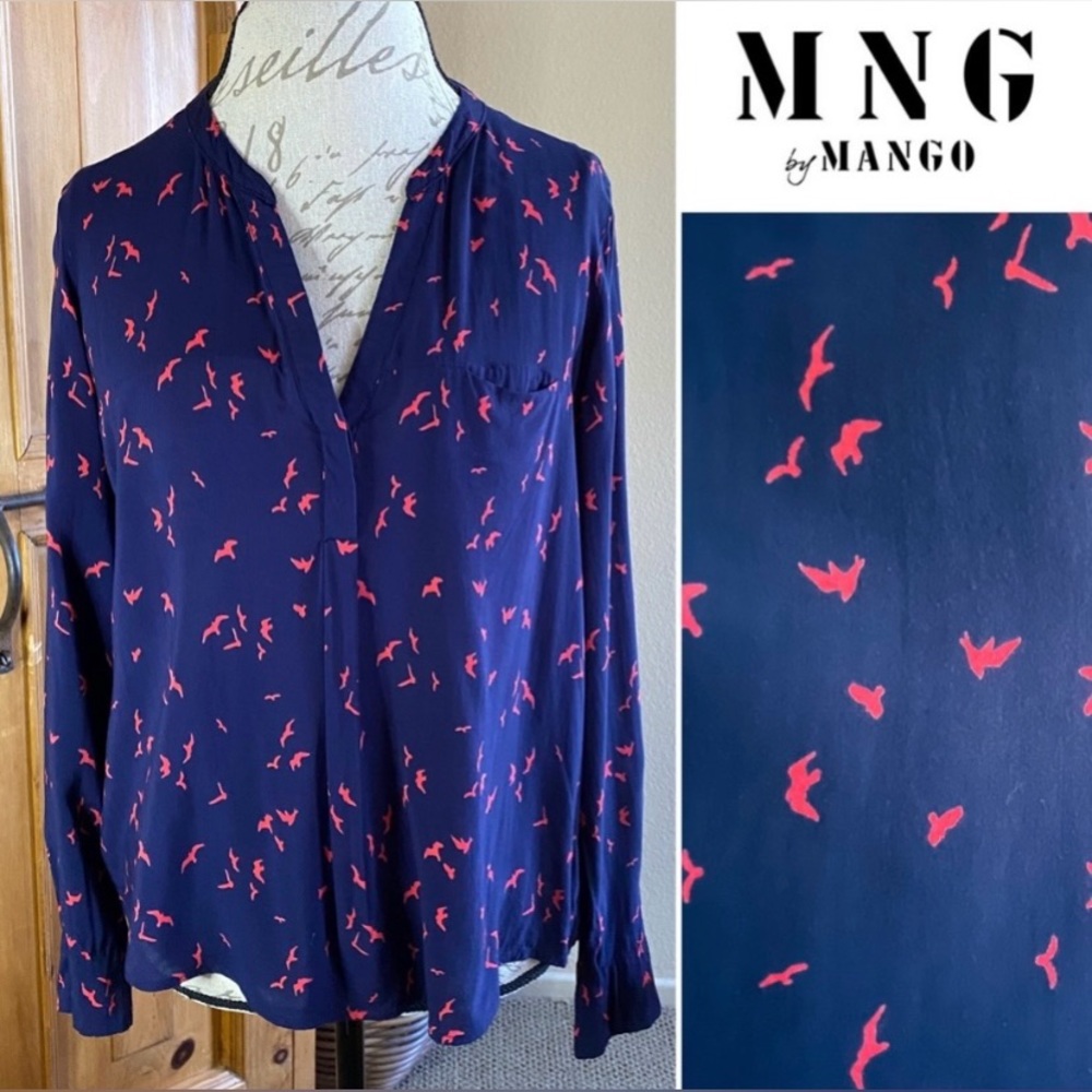 MNG Basics Long Sleeve Red Bird Print Blouse Women’s size L